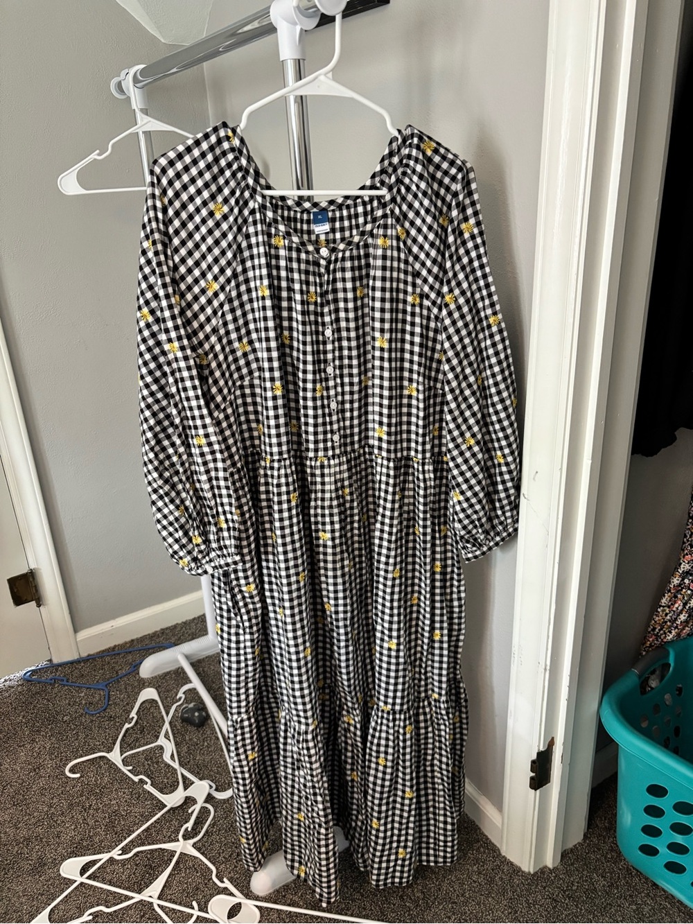 Old Navy Black and White Gingham Maxi Dress with Yellow Floral Accents